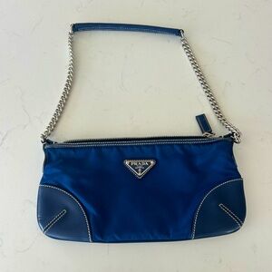 Prada Nylon Navy Blue Vintage bag with leather detail . Chain and leather strap